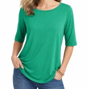 Susan Graver Essentials sz M Green Bateau Neck Top Blouse Shirt Butterknit Soft